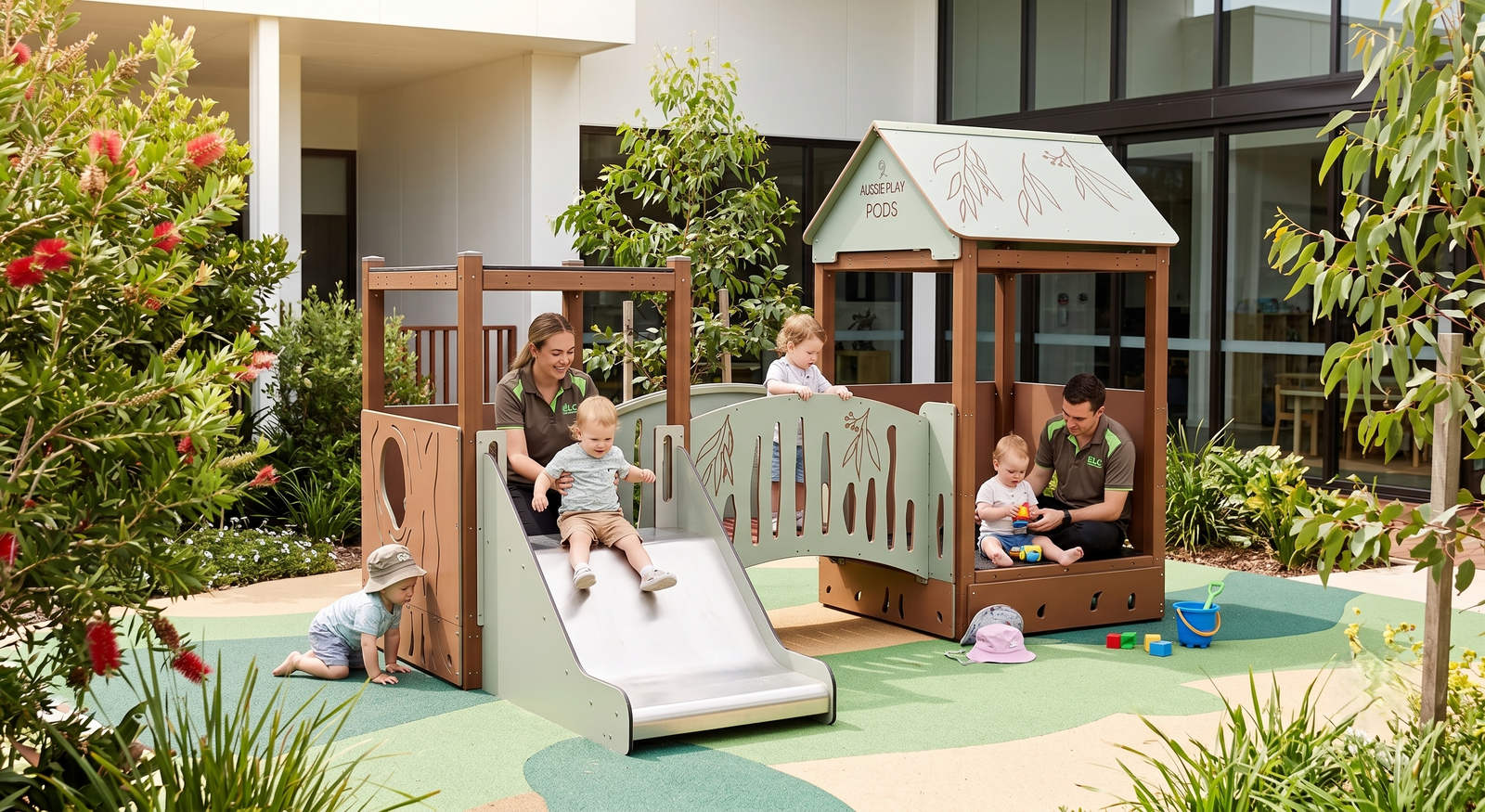 Children playing on a playground set in an outdoor area with adults supervising.