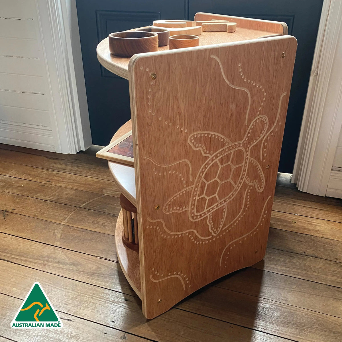 Indigenous Turtle Shelf Curved 60cm — side view of curved turtle bookshelf