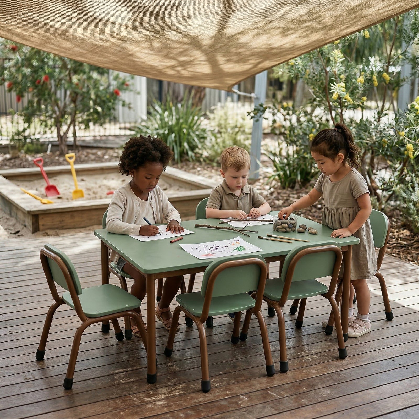 Children sitting at a table outdoors under a canopy, engaged in activities.