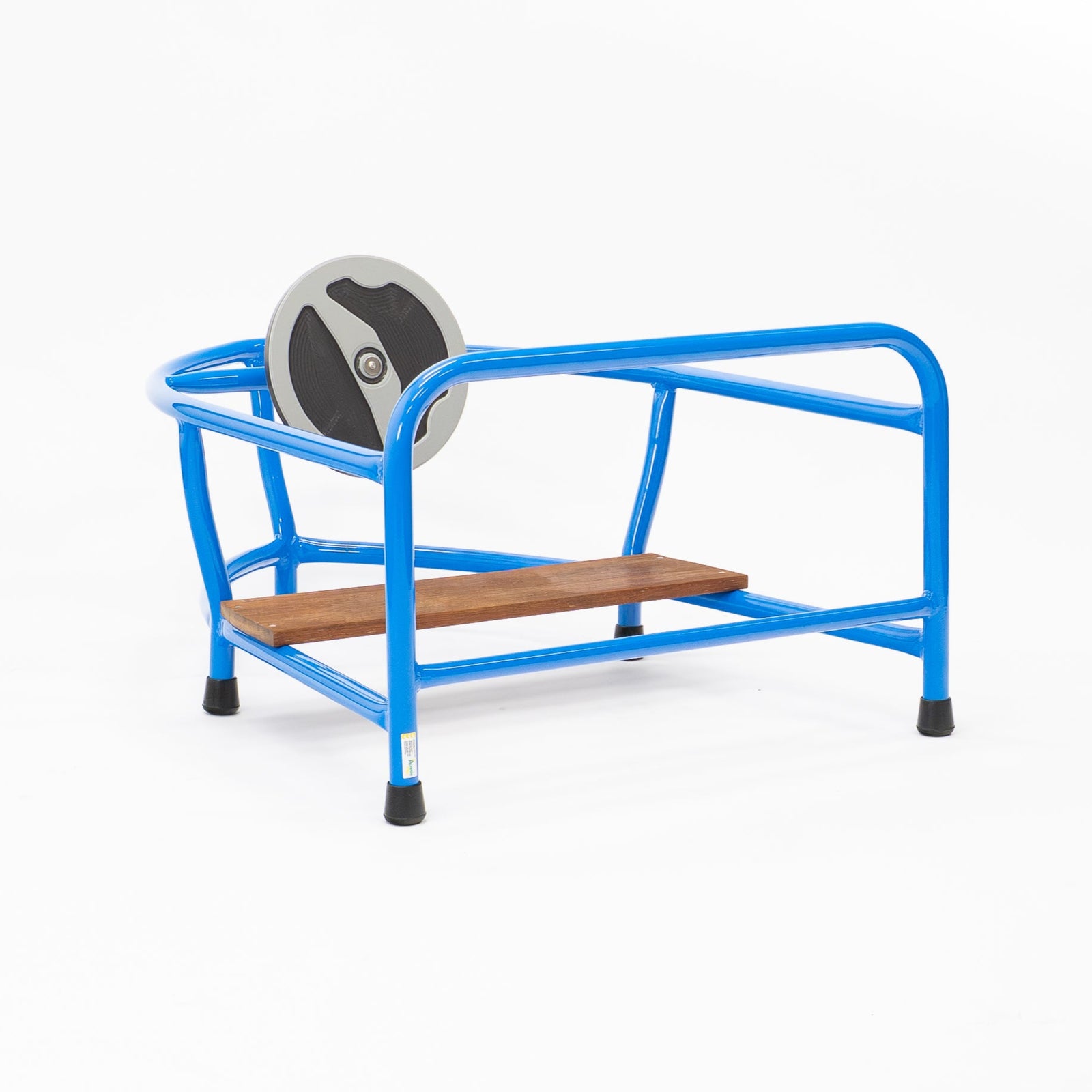 Aussie Play Speed Boat in durable powder-coated blue aluminium with hardwood Merbau seats and steering wheel, Australian-made childcare play equipment.