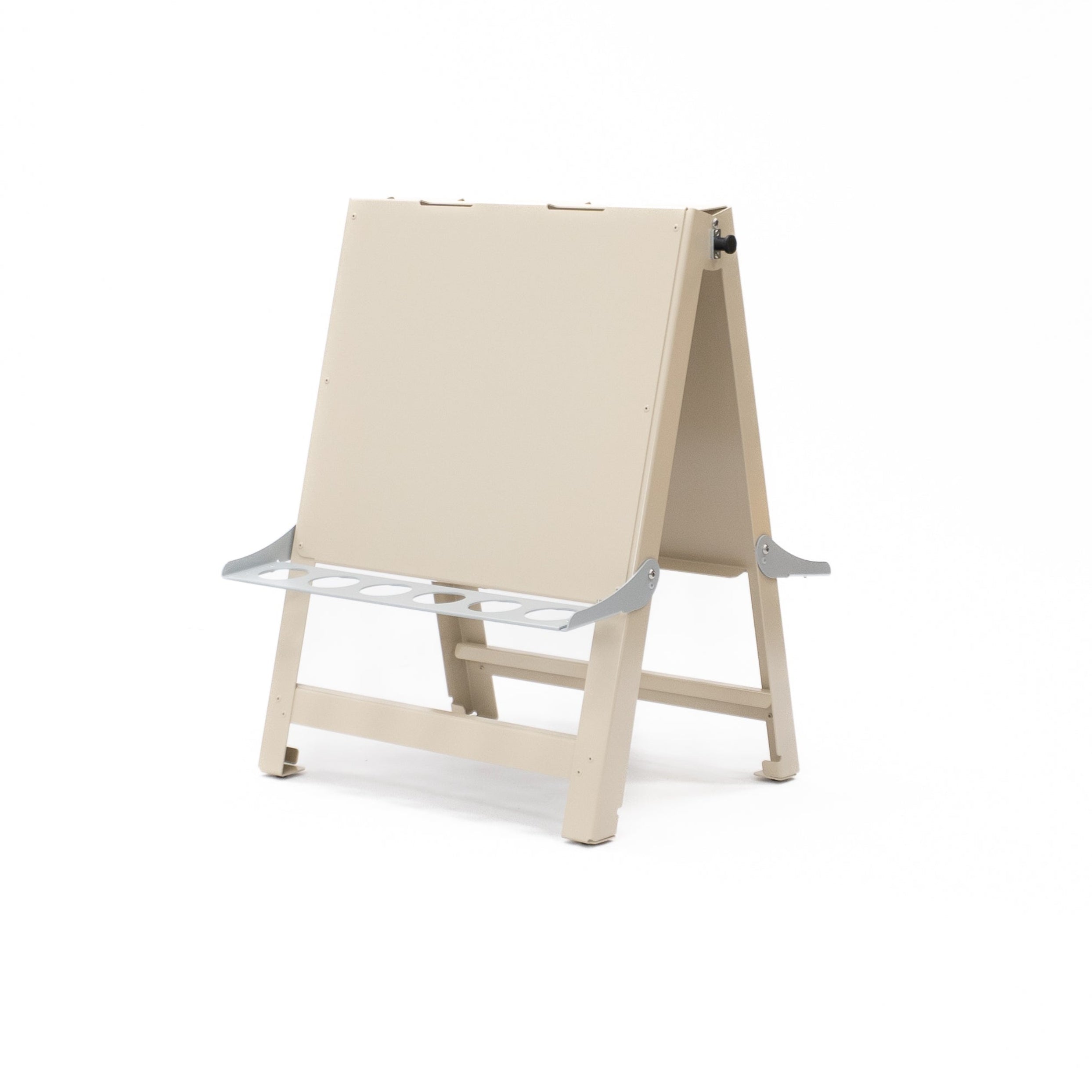 Australian-made toddler double-sided painting easel folded flat for compact storage. Lightweight aluminium and powder-coated steel frame wipes or hoses clean with ease. Built for daily indoor and outdoor use in childcare, preschool, daycare and early learning environments