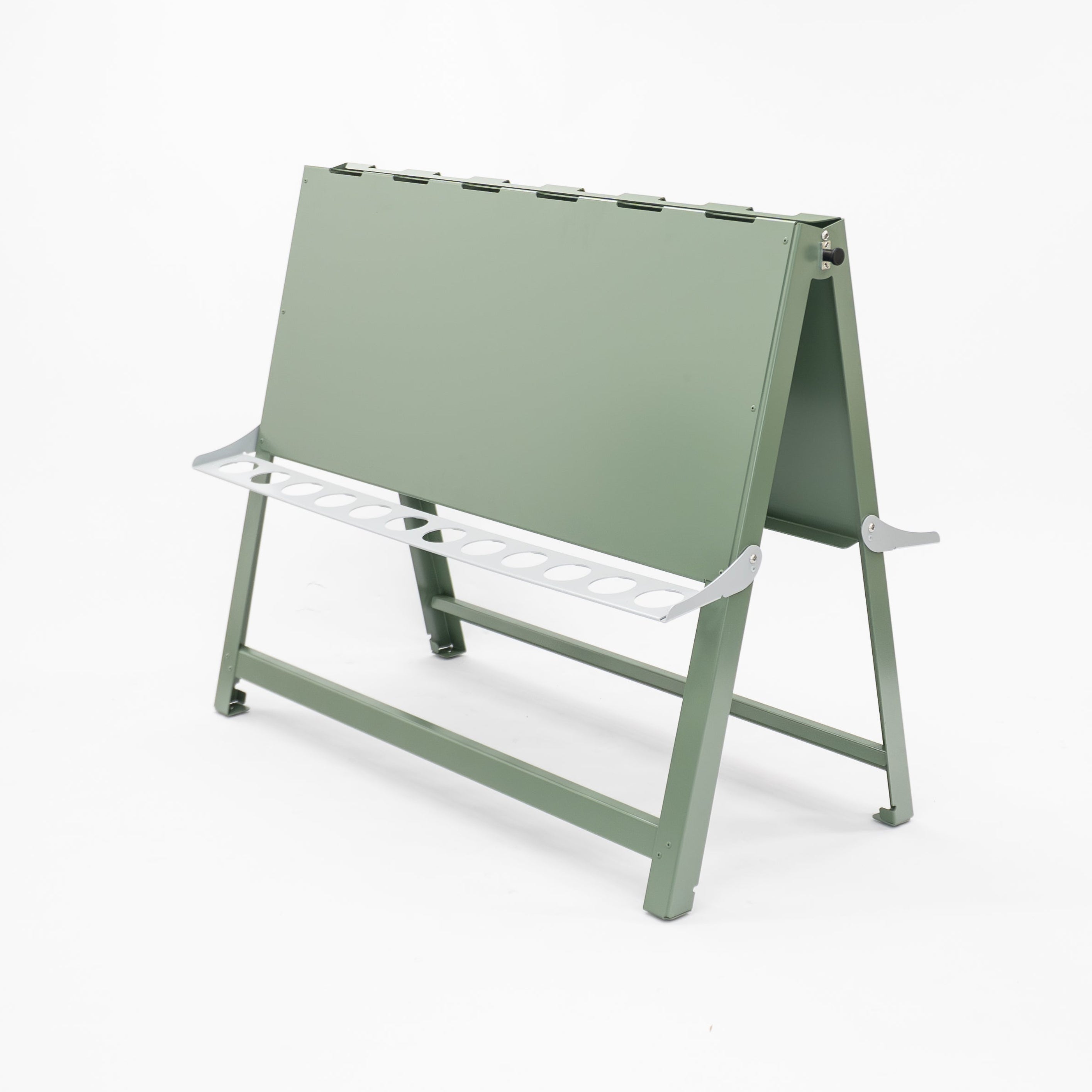 Australian-made wide double-sided children's painting easel crafted from aluminium and powder-coated steel. Accommodates 4–6 children side by side, with each side holding up to three A3 sheets secured by clips. Foldable frame with rubber feet for easy storage and floor protection. Ideal for indoor and outdoor use in childcare, day care, and early learning centres.