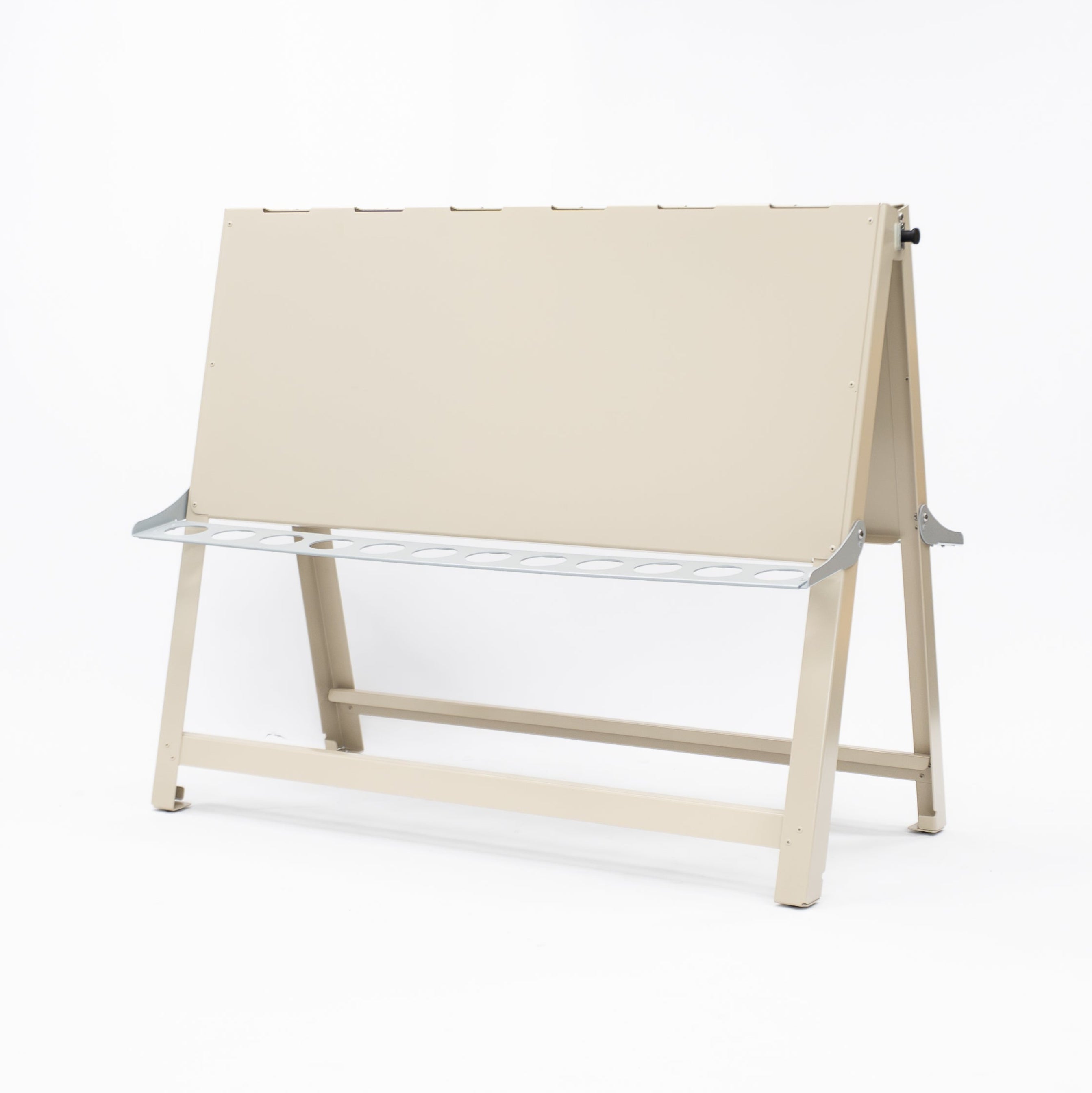 Australian-made wide double-sided children's painting easel crafted from aluminium and powder-coated steel. Accommodates 4–6 children side by side, with each side holding up to three A3 sheets secured by clips. Foldable frame with rubber feet for easy storage and floor protection. Ideal for indoor and outdoor use in childcare, day care, and early learning centres.