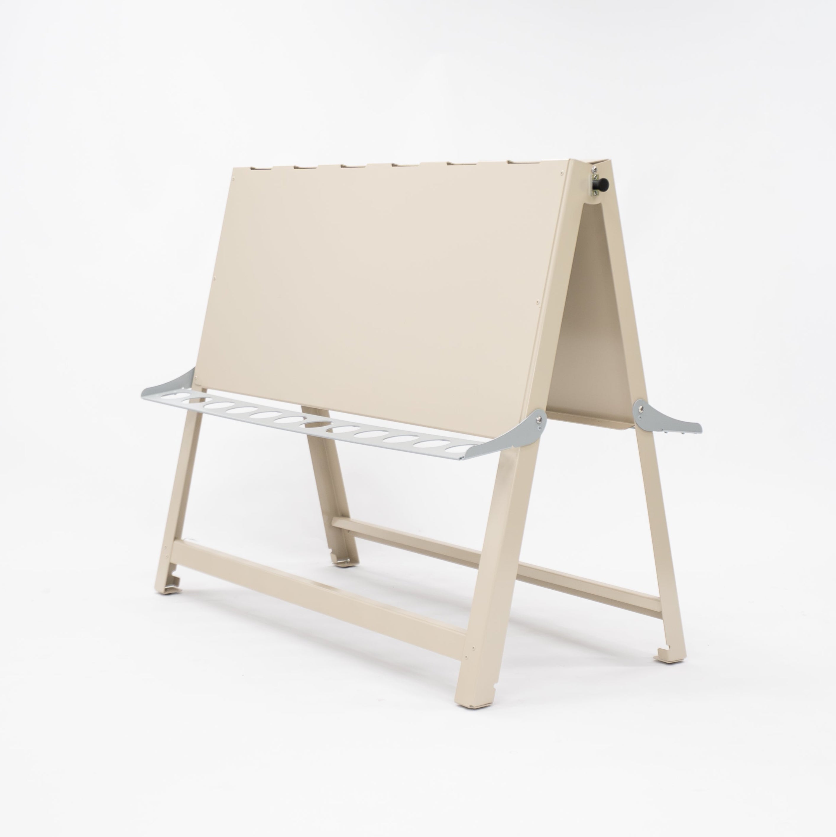 Australian-made wide double-sided children's painting easel crafted from aluminium and powder-coated steel. Accommodates 4–6 children side by side, with each side holding up to three A3 sheets secured by clips. Foldable frame with rubber feet for easy storage and floor protection. Ideal for indoor and outdoor use in childcare, day care, and early learning centres.
