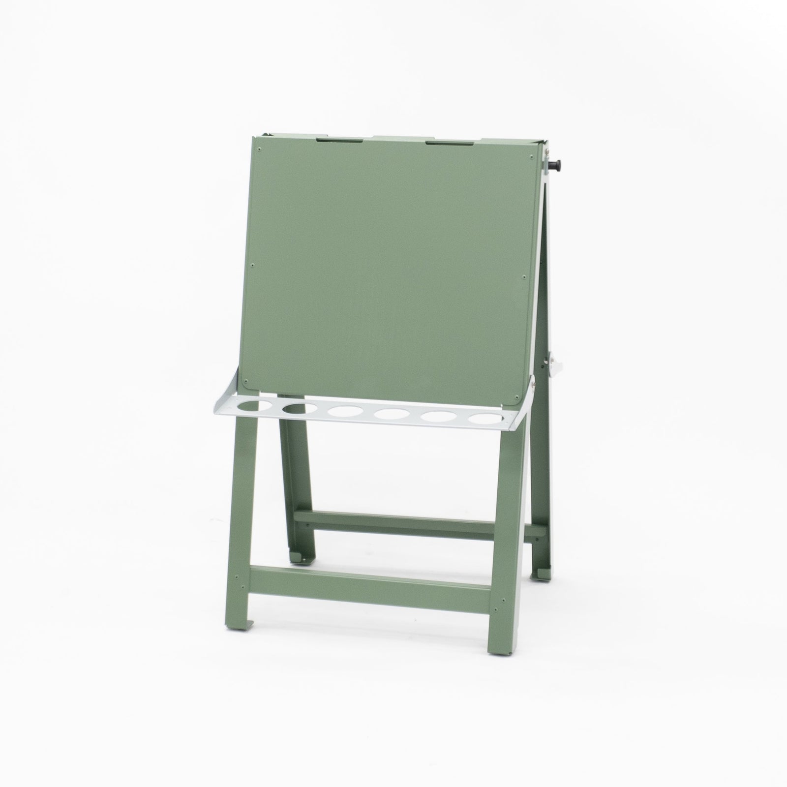 Australian-made medium double-sided painting easel folded flat for compact storage. Lightweight aluminium and powder-coated steel frame designed for daily use in childcare, day care and primary school environments.