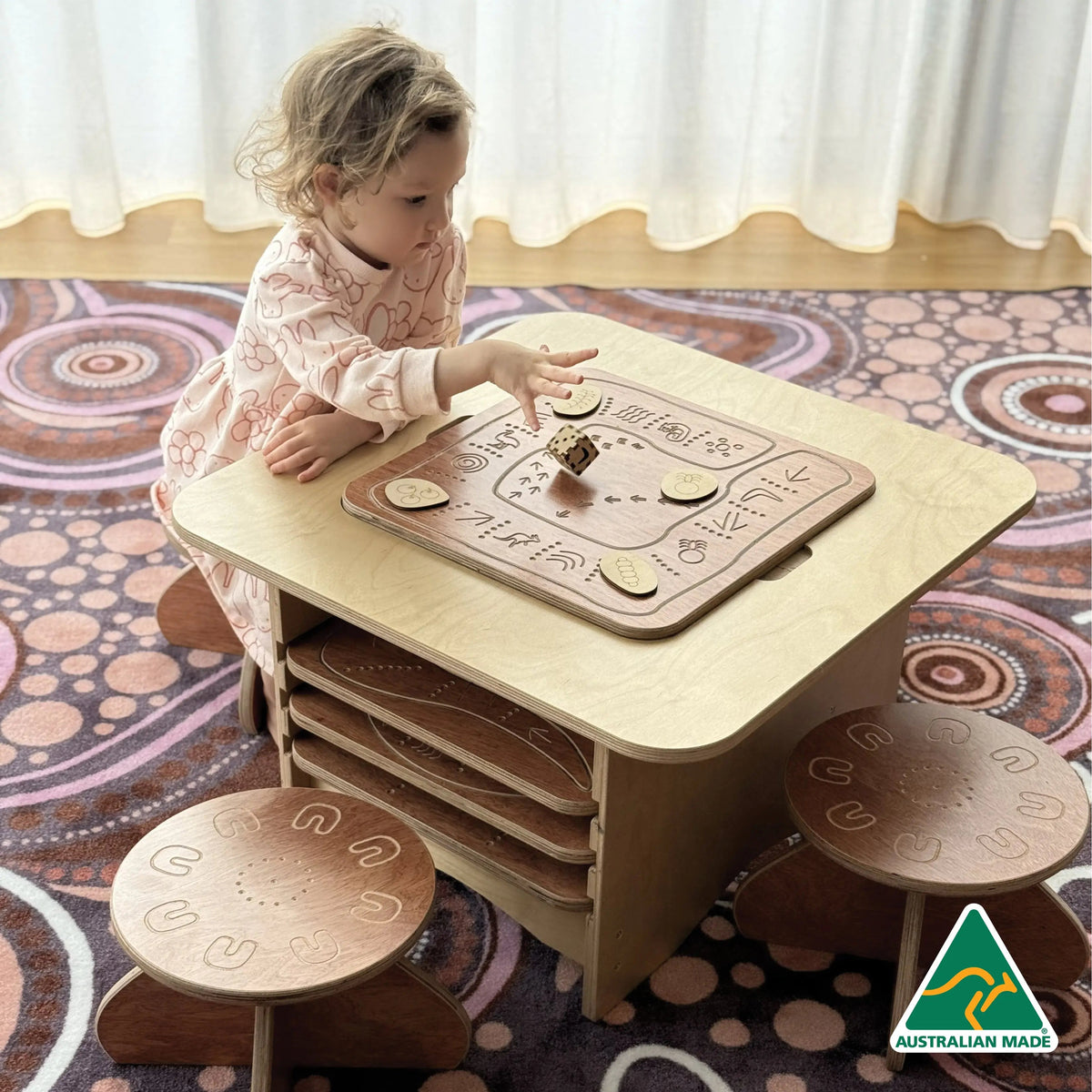 Dreamtime Games Table — Australian-made wooden Dreamtime games table for early childhood classroom learning