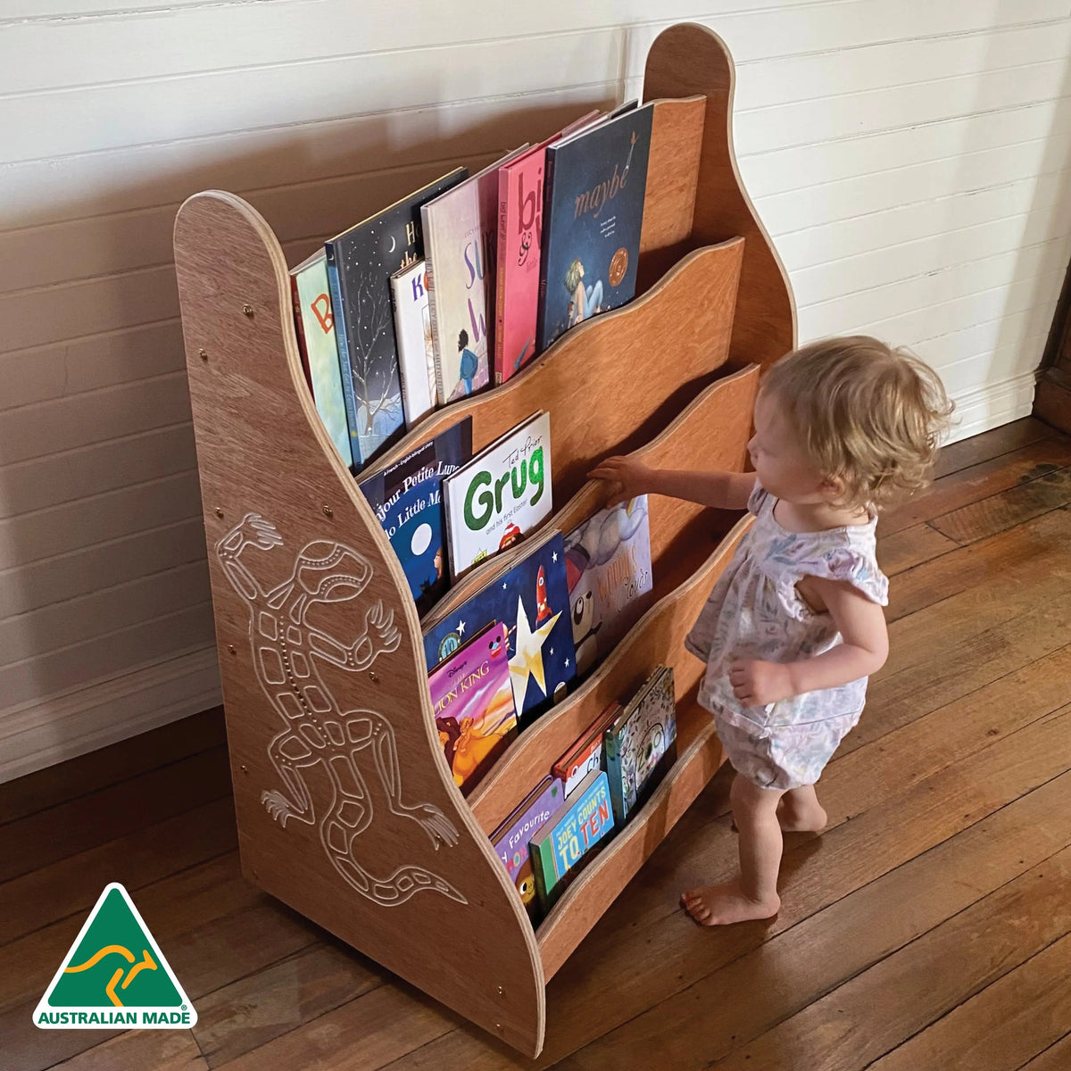 Indigenous Goanna Bookshelf — side view of goanna bookshelf