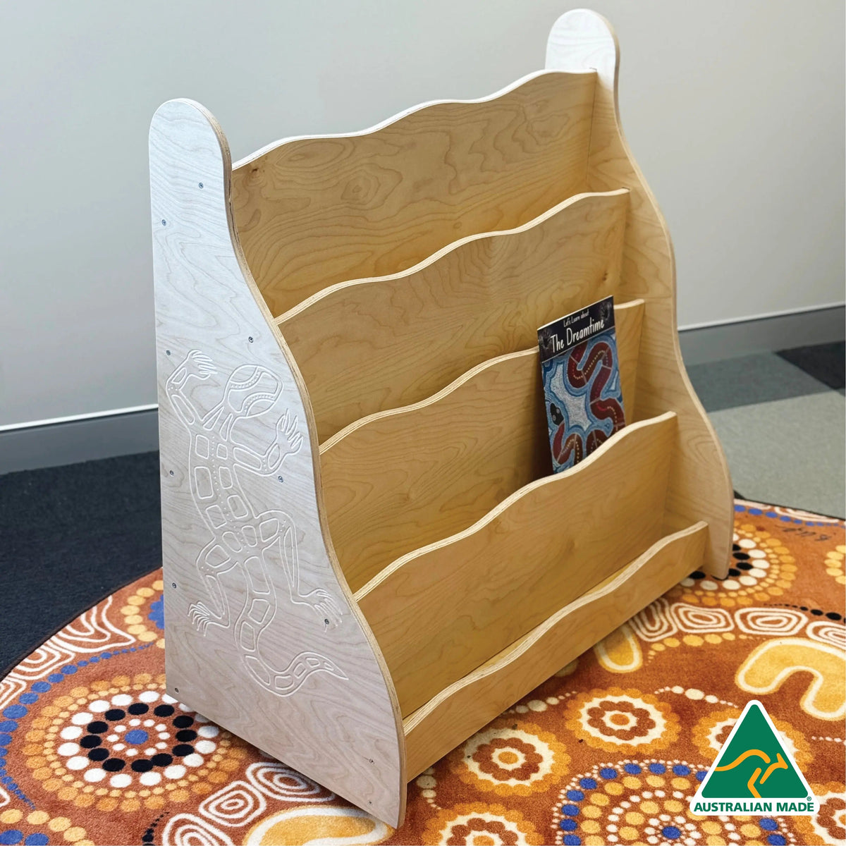 Indigenous Goanna Bookshelf — Golden Pine timber variant view
