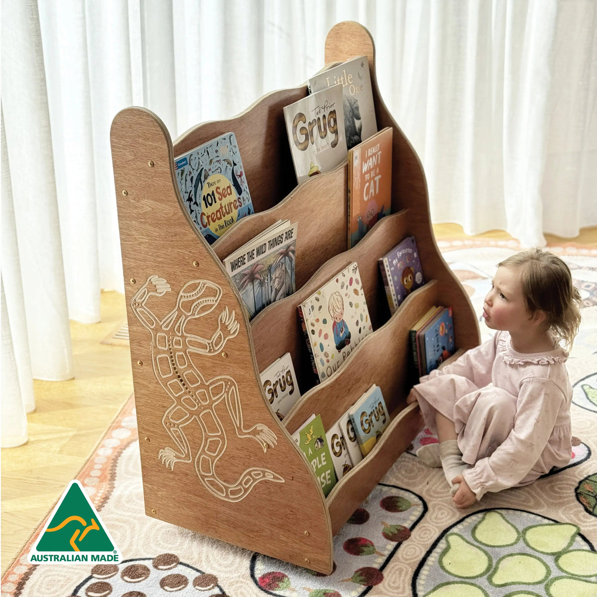 Indigenous Goanna Bookshelf — Australian-made Aboriginal art goanna wooden bookshelf for early childhood classrooms