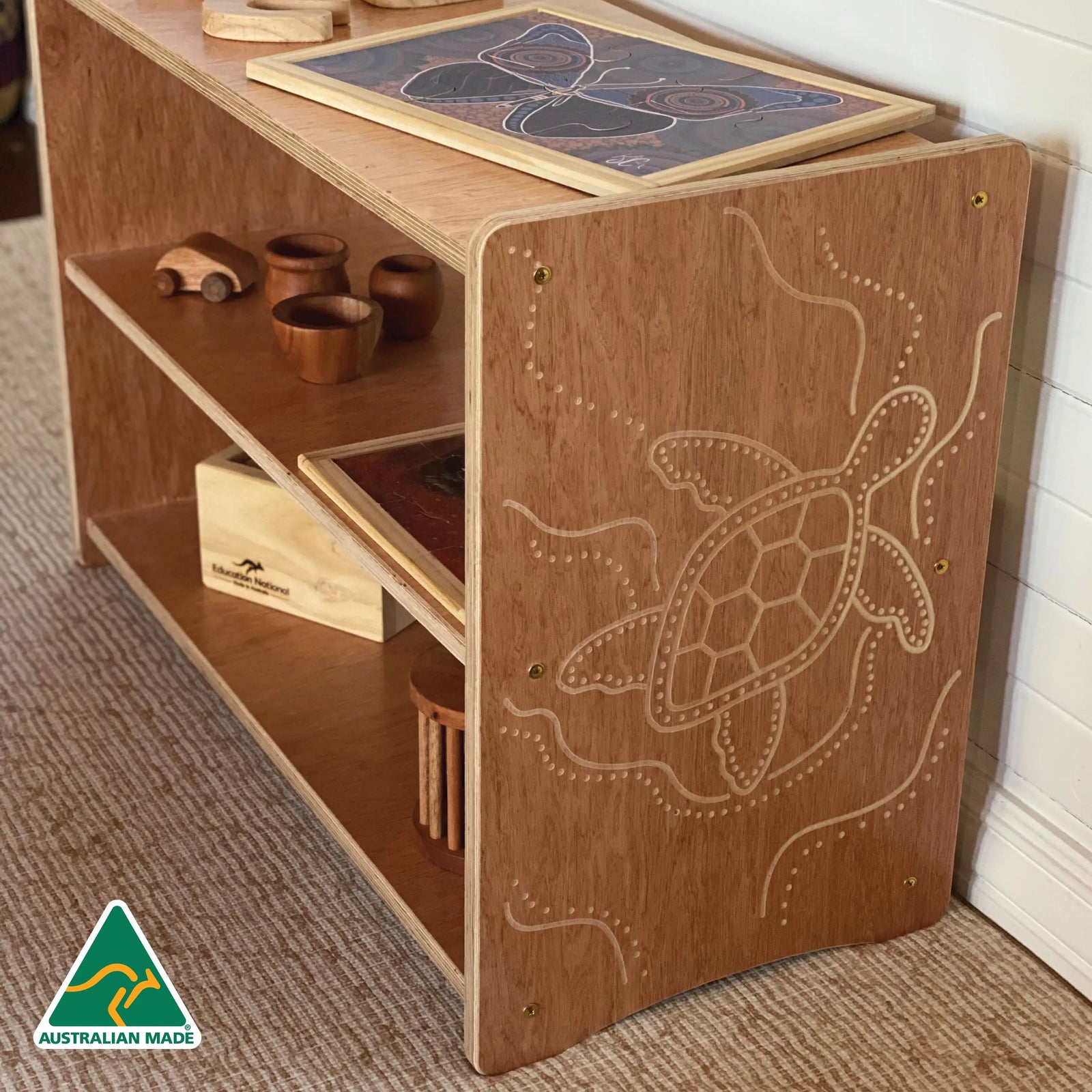 Indigenous Turtle Shelf 60cm — angled view of turtle bookshelf
