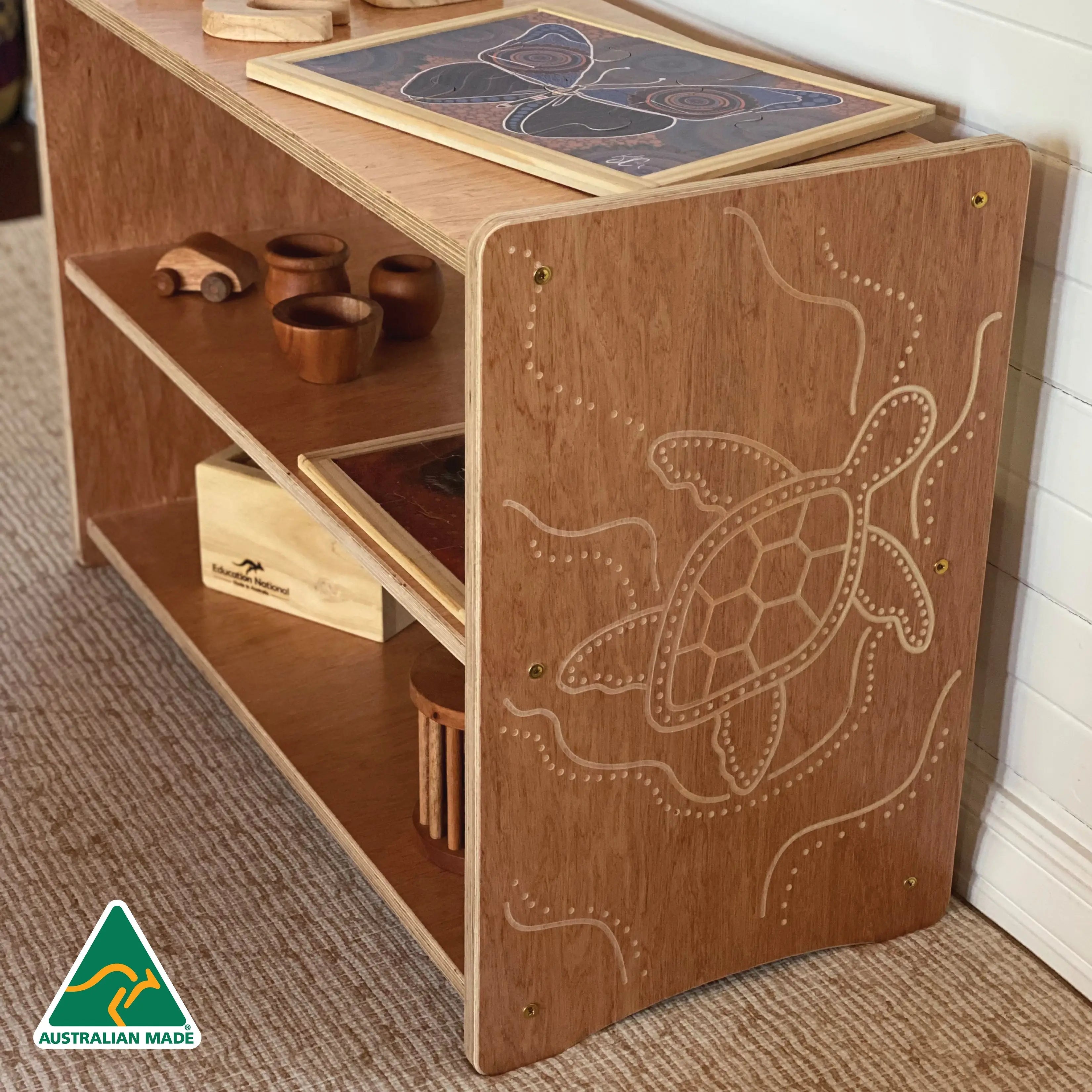 Indigenous Turtle Shelf 60cm — angled view of turtle bookshelf