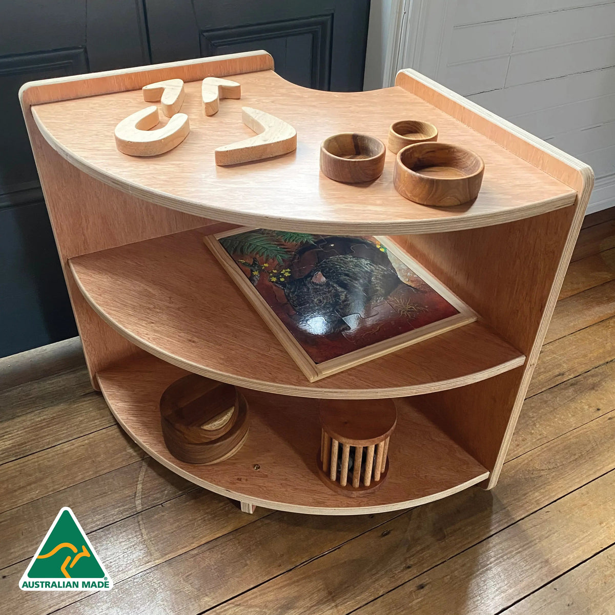 Indigenous Turtle Shelf Curved 60cm — Aboriginal art curved turtle wooden bookshelf for early childhood classrooms