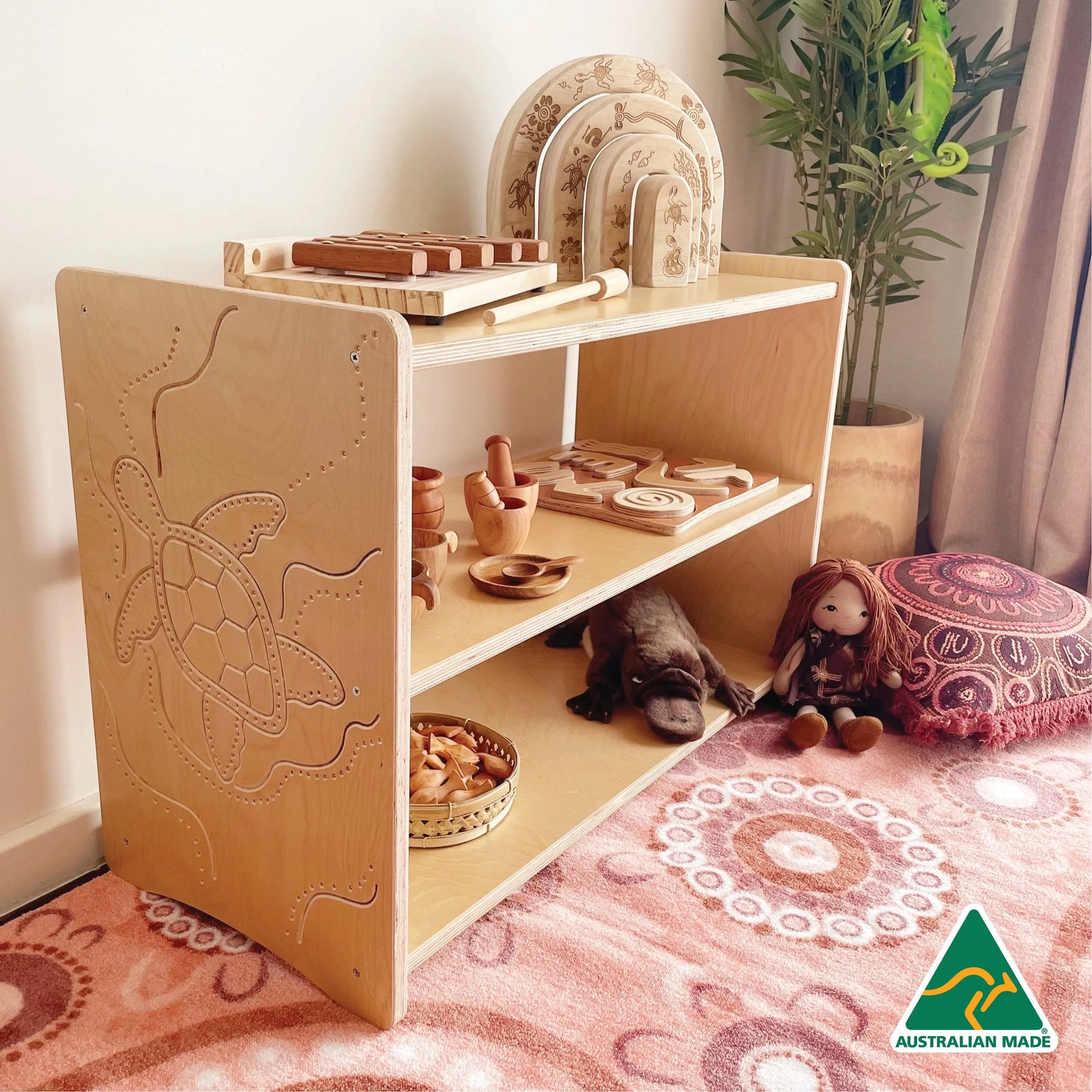 Indigenous Turtle Shelf 60cm — Aboriginal art turtle-shaped wooden bookshelf for early childhood classrooms