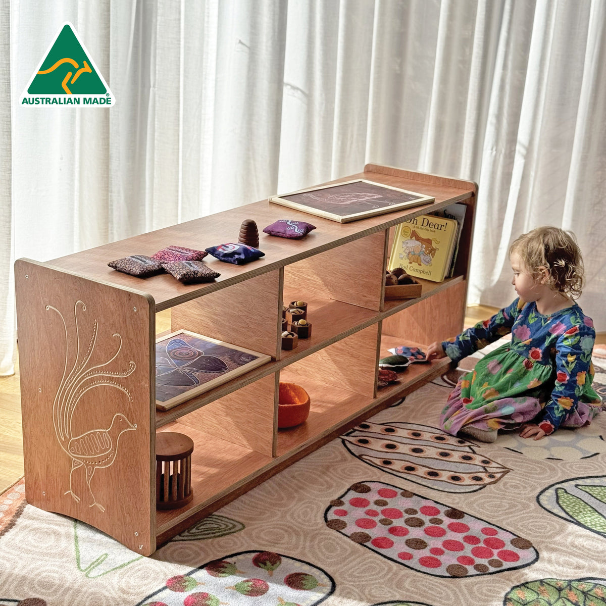 Lyrebird Classroom Shelf Unit — Australian-made wooden Aboriginal lyrebird-shaped classroom shelf unit for early years
