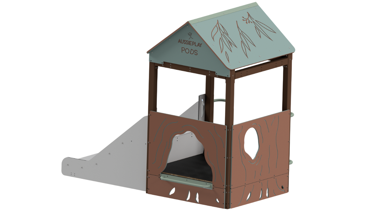 Children's play structure with slide and roof on a white background